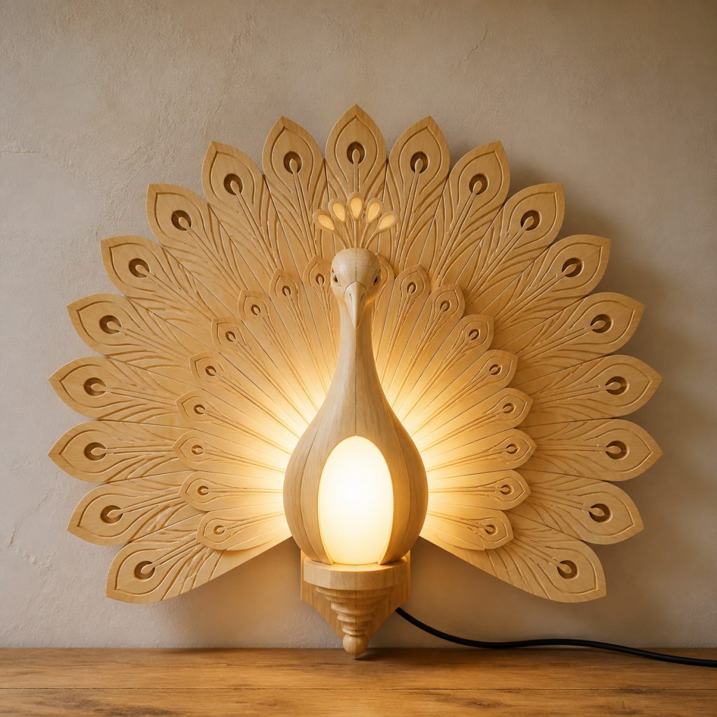 Peacock Head Diffuser Lamp shown as an original square photorealistic light-yellow wood peacock lamp made from natural light-yellow wood with fine grain and warm diffused light