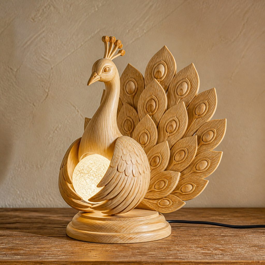 Peacock Orb Lamp shown as an original square photorealistic light-yellow wood peacock lamp made from natural light-yellow wood with fine grain and warm diffused light
