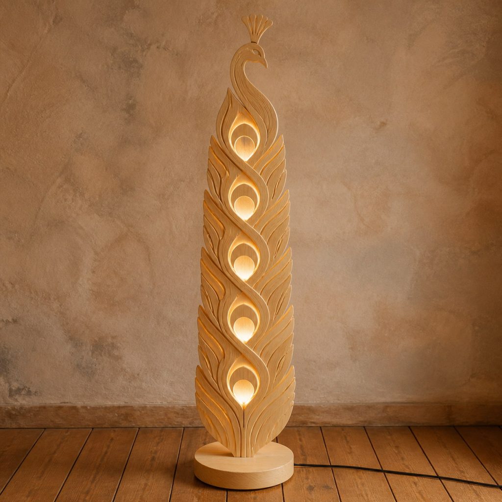 Peacock-Feather Floor Lamp shown as an original square photorealistic light-yellow wood peacock lamp made from natural light-yellow wood with fine grain and warm diffused light