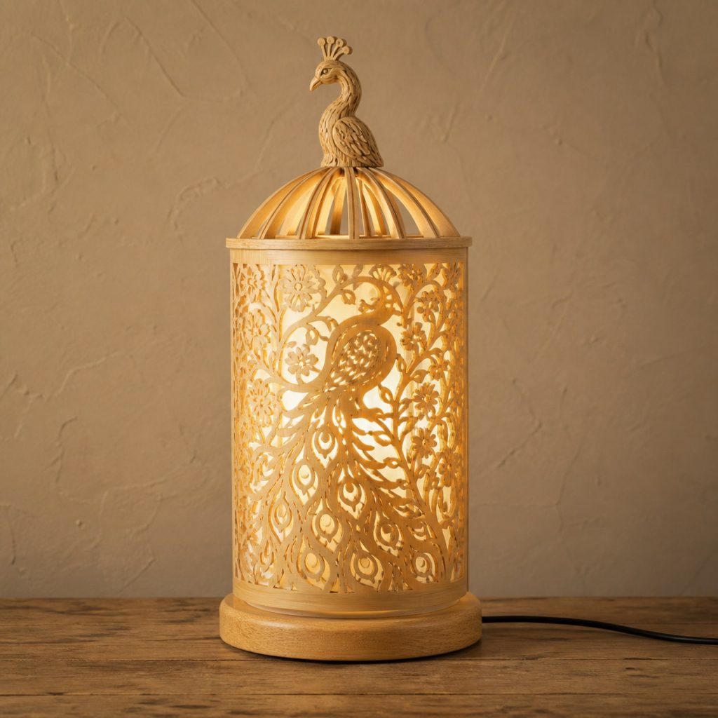 Garden Peacock Lantern shown as an original square photorealistic light-yellow wood peacock lamp made from natural light-yellow wood with fine grain and warm diffused light