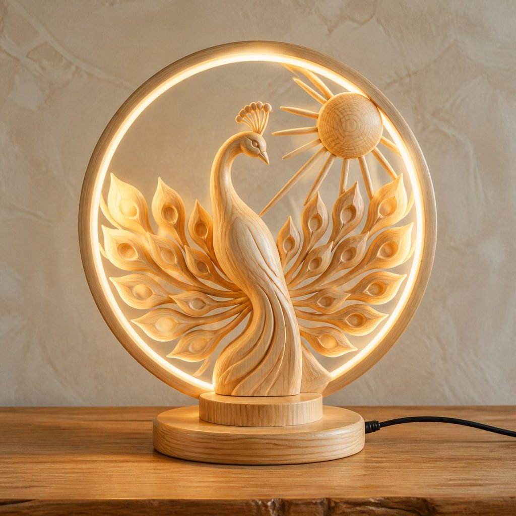 Peacock-and-Sun Ring Lamp shown as an original square photorealistic light-yellow wood peacock lamp made from natural light-yellow wood with fine grain and warm diffused light