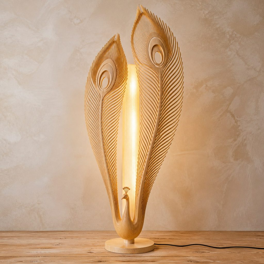 Twin-Feather Peacock Floor Lamp shown as an original square photorealistic light-yellow wood peacock lamp made from natural light-yellow wood with fine grain and warm diffused light