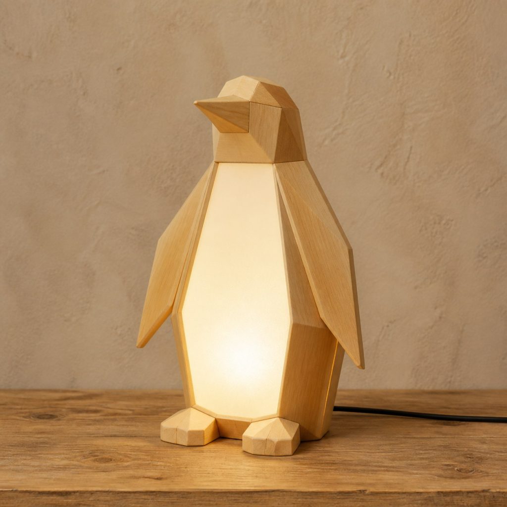 Faceted Light-Yellow Penguin Lamp shown as an original square photorealistic light-yellow wood penguin lamp made from natural light-yellow wood with fine grain and warm diffused light