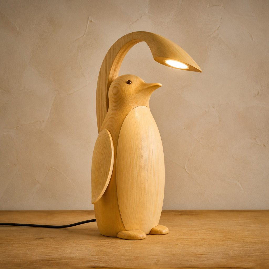 Penguin-Flipper Desk Lamp shown as an original square photorealistic light-yellow wood penguin lamp made from natural light-yellow wood with fine grain and warm diffused light