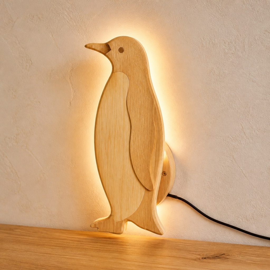 Walking Penguin Wall Sconce shown as an original square photorealistic light-yellow wood penguin lamp made from natural light-yellow wood with fine grain and warm diffused light