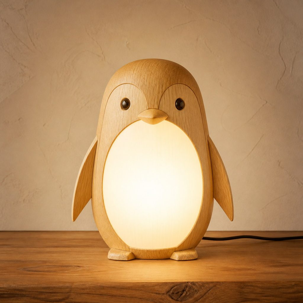 Penguin Belly Diffuser Lamp shown as an original square photorealistic light-yellow wood penguin lamp made from natural light-yellow wood with fine grain and warm diffused light