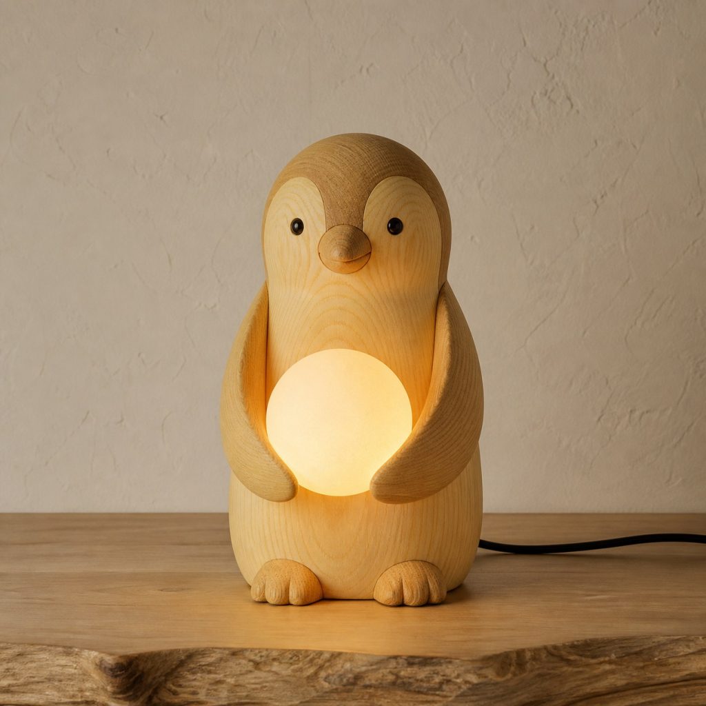 Penguin Chick Orb Lamp shown as an original square photorealistic light-yellow wood penguin lamp made from natural light-yellow wood with fine grain and warm diffused light