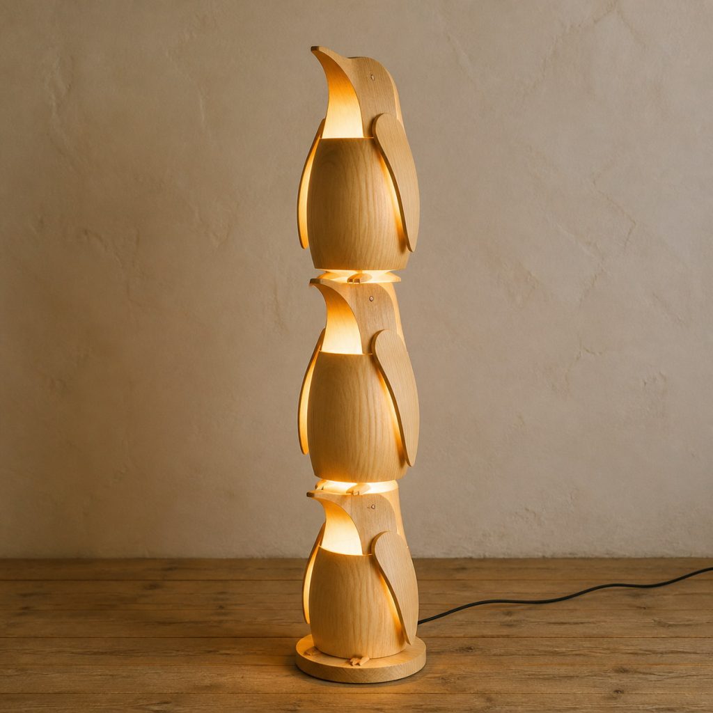 Stacked Penguin Floor Lamp shown as an original square photorealistic light-yellow wood penguin lamp made from natural light-yellow wood with fine grain and warm diffused light