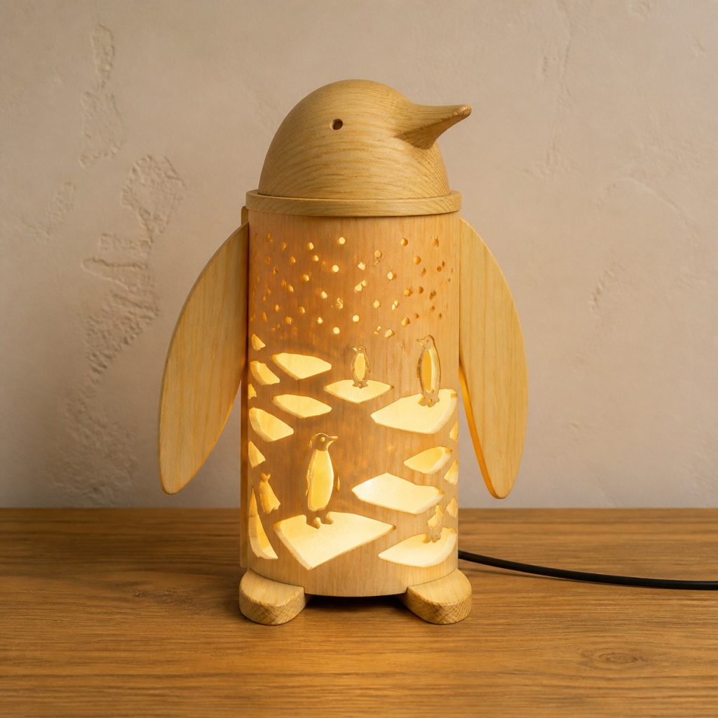 Polar Penguin Lantern shown as an original square photorealistic light-yellow wood penguin lamp made from natural light-yellow wood with fine grain and warm diffused light