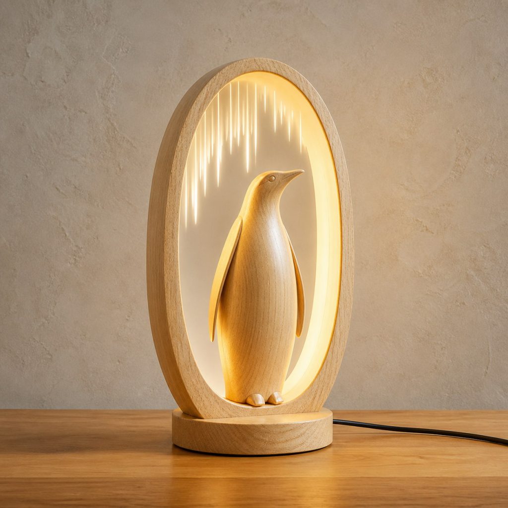 Penguin Oval-Arch Lamp shown as an original square photorealistic light-yellow wood penguin lamp made from natural light-yellow wood with fine grain and warm diffused light