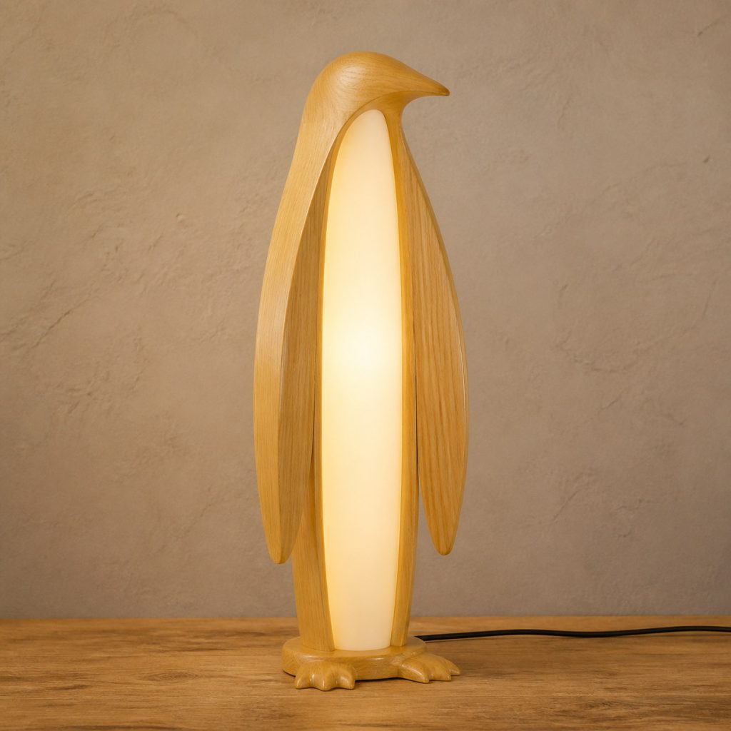 Twin-Flipper Penguin Floor Lamp shown as an original square photorealistic light-yellow wood penguin lamp made from natural light-yellow wood with fine grain and warm diffused light