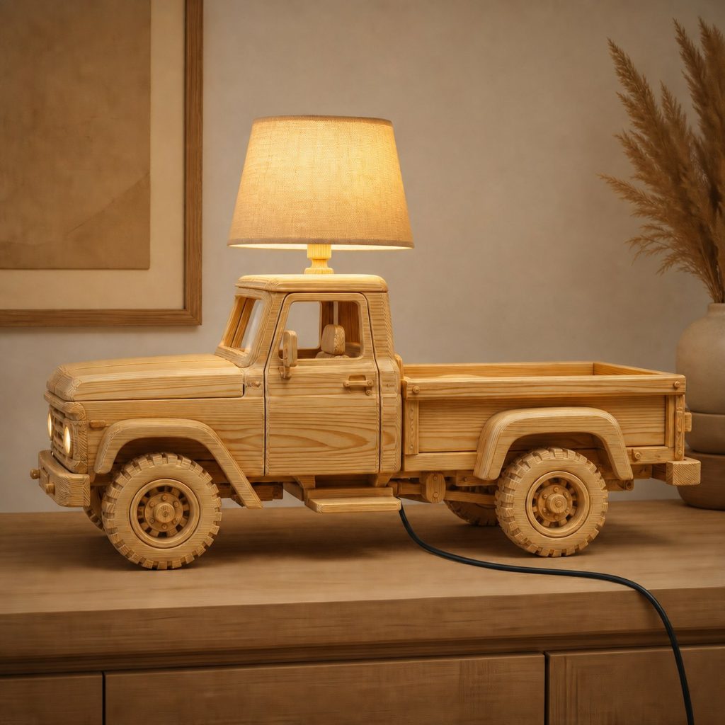 Pickup Truck Profile Lamp shown as an original square photorealistic pickup truck lamp made from natural light-yellow wood with fine grain and warm diffused light
