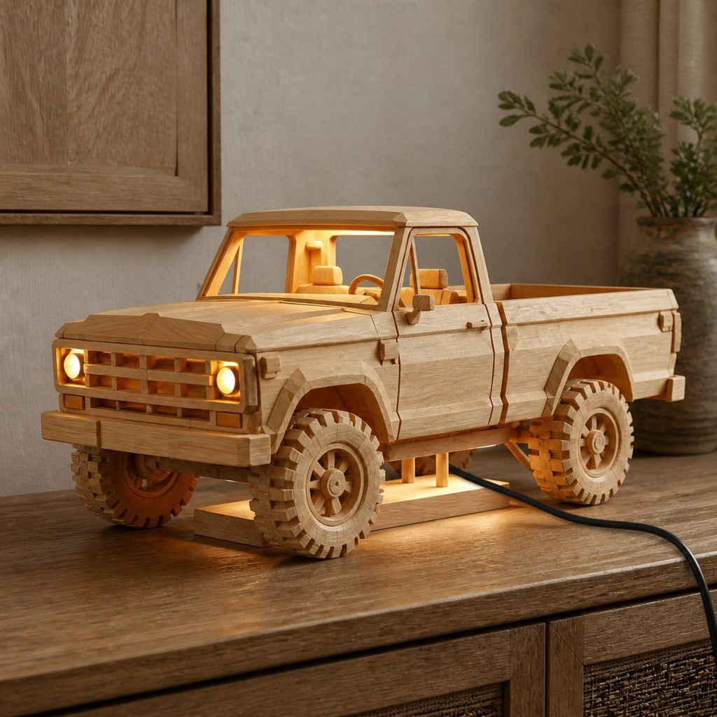 Faceted Pickup Truck Lamp shown as an original square photorealistic pickup truck lamp made from natural light-yellow wood with fine grain and warm diffused light