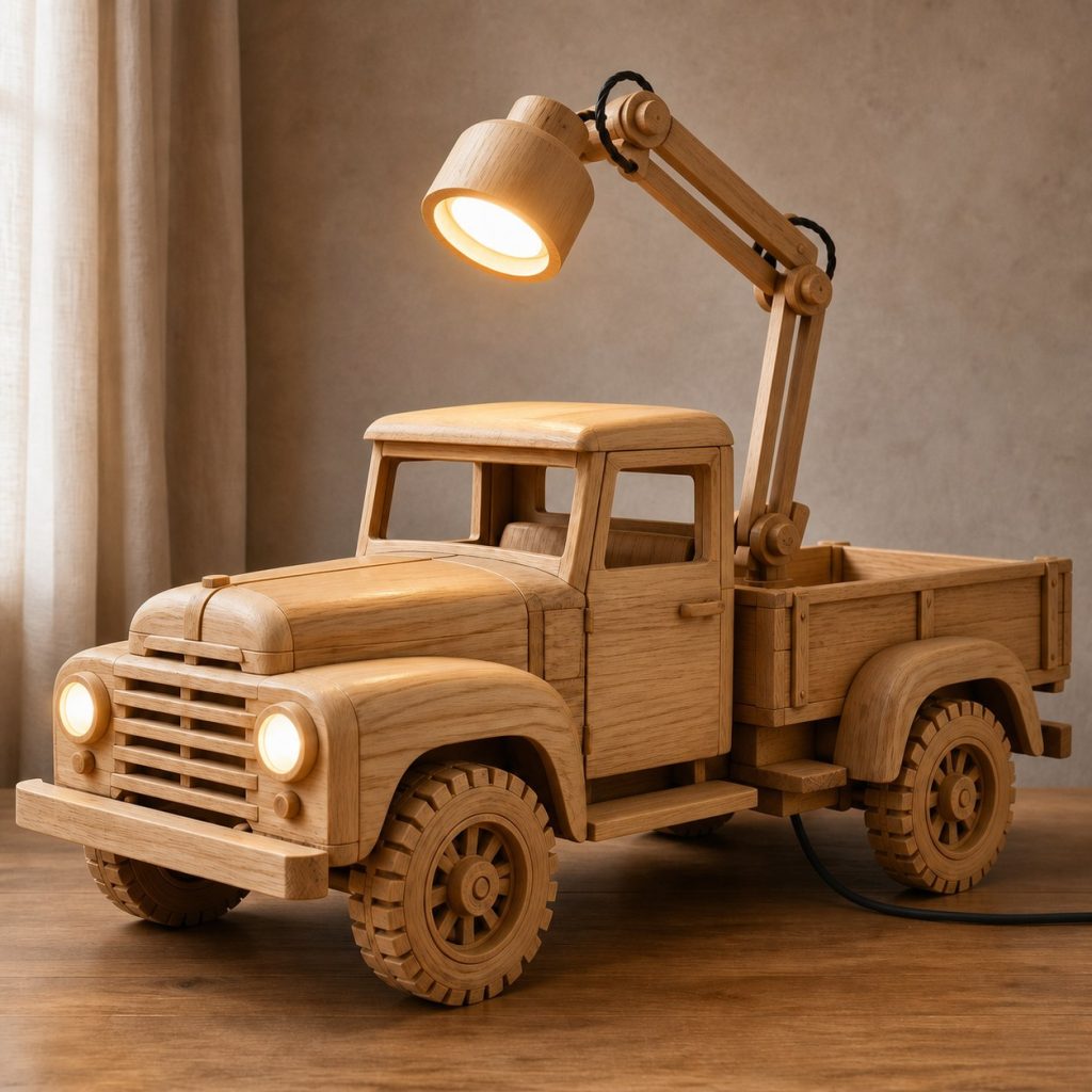 Pickup Headlight Desk Task Lamp shown as an original square photorealistic pickup truck lamp made from natural light-yellow wood with fine grain and warm diffused light
