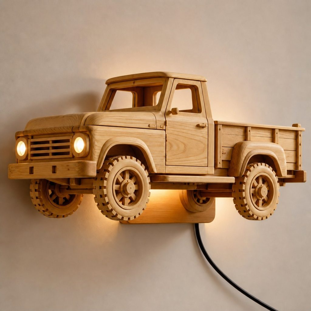 Driving Pickup Wall Sconce shown as an original square photorealistic pickup truck lamp made from natural light-yellow wood with fine grain and warm diffused light