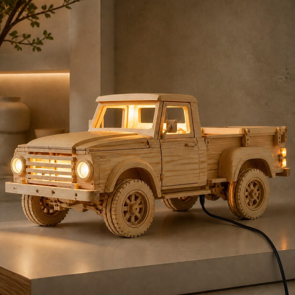 Layered Pickup Grille Wall Lamp shown as an original square photorealistic pickup truck lamp made from natural light-yellow wood with fine grain and warm diffused light