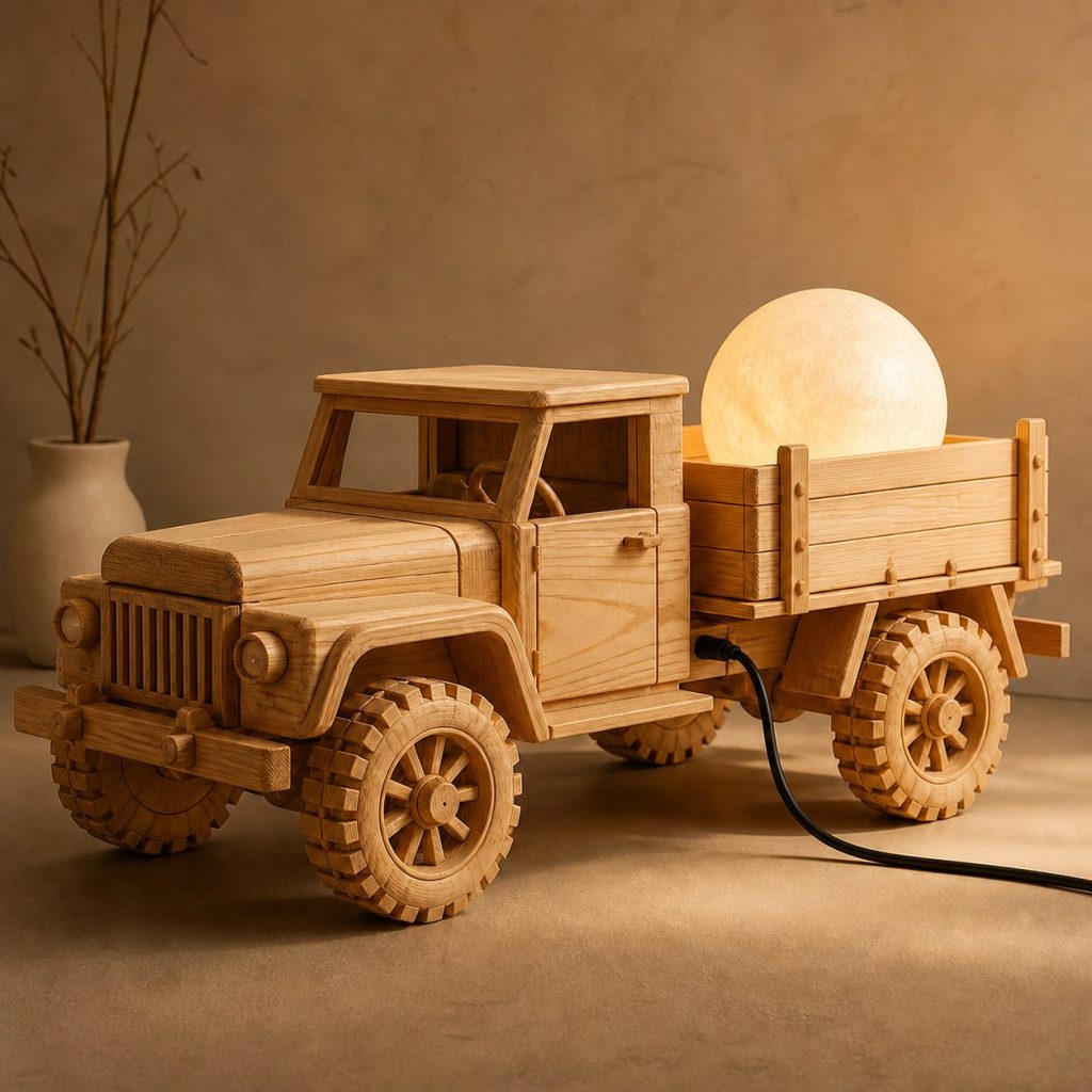 Pickup Cargo-Bed Orb Lamp shown as an original square photorealistic pickup truck lamp made from natural light-yellow wood with fine grain and warm diffused light