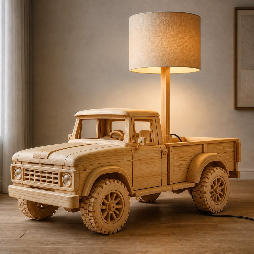 Stacked Pickup Floor Lamp shown as an original square photorealistic pickup truck lamp made from natural light-yellow wood with fine grain and warm diffused light