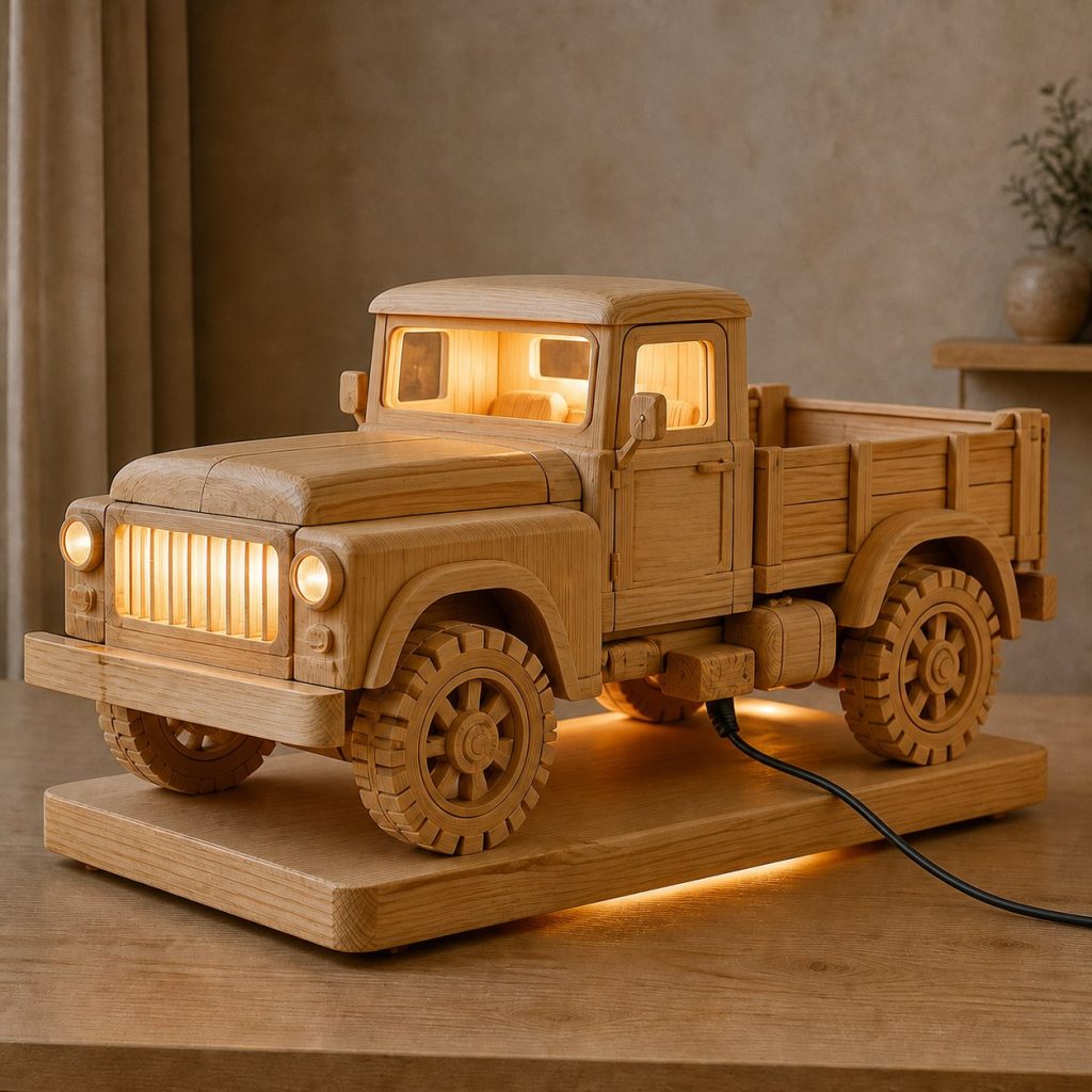Workshop Pickup Lantern shown as an original square photorealistic pickup truck lamp made from natural light-yellow wood with fine grain and warm diffused light