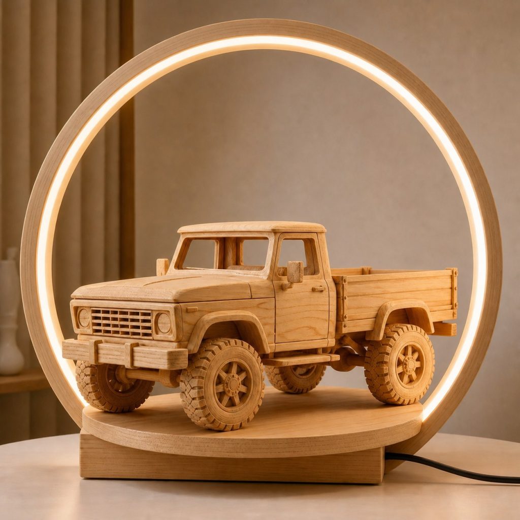 Pickup Wheel-Ring Lamp shown as an original square photorealistic pickup truck lamp made from natural light-yellow wood with fine grain and warm diffused light