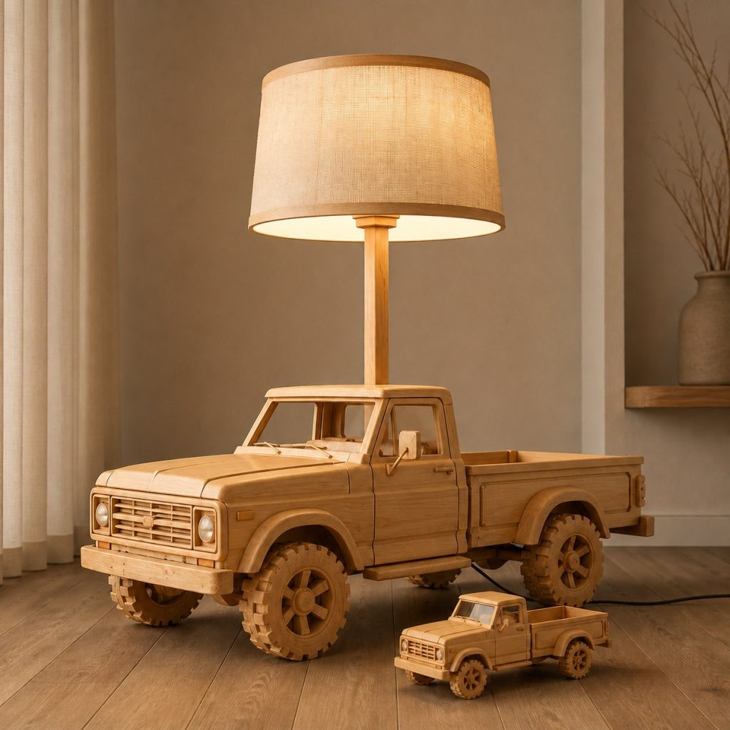 Paired Pickup Floor Lamp shown as an original square photorealistic pickup truck lamp made from natural light-yellow wood with fine grain and warm diffused light