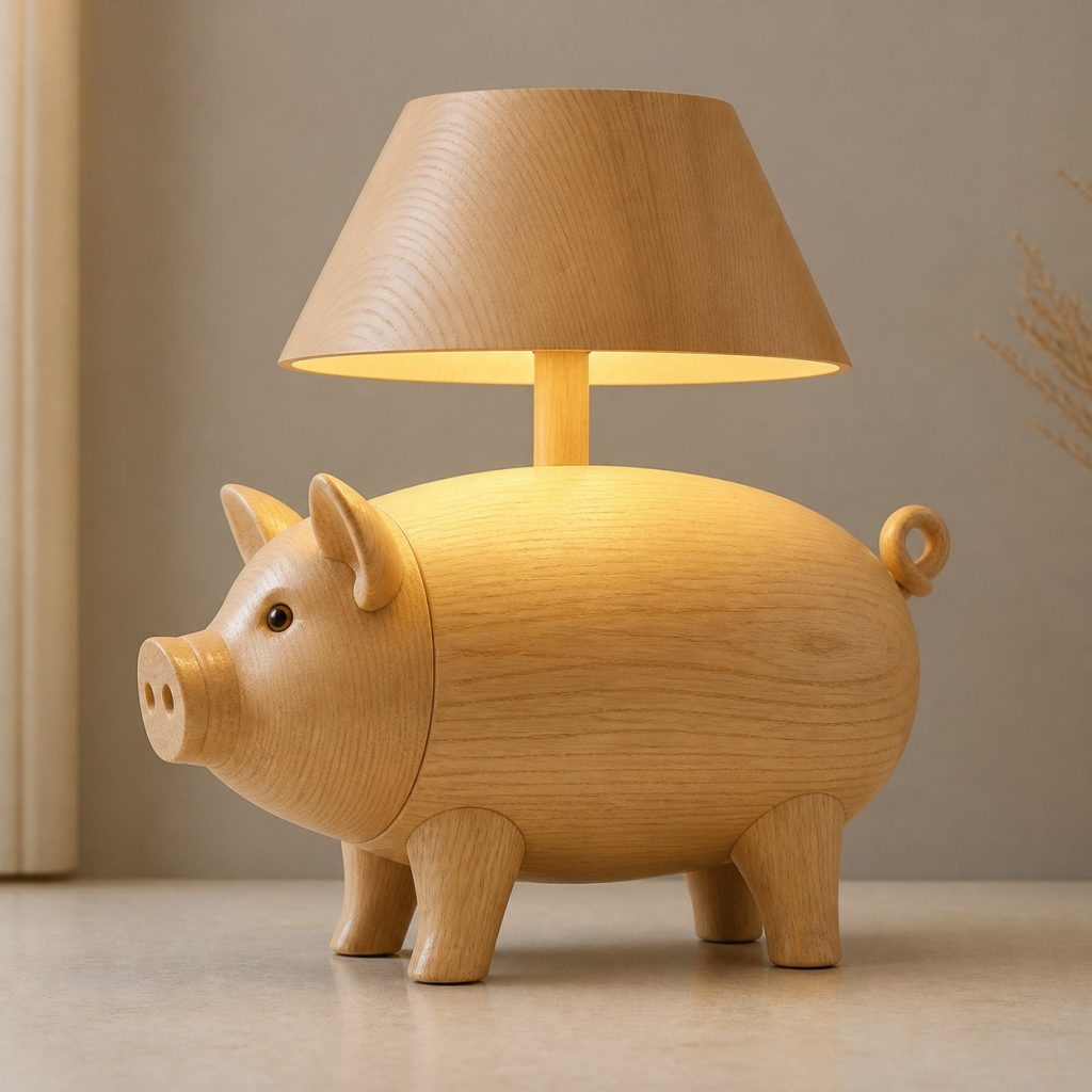 Pig Profile Lamp shown as an original square photorealistic pig lamp made from natural light-yellow wood with fine grain and warm diffused light