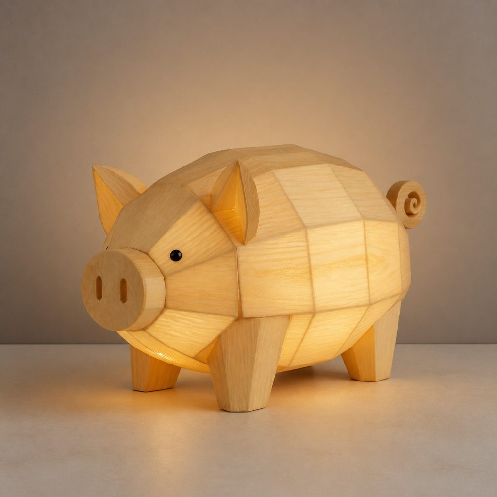 Faceted Pig Lamp shown as an original square photorealistic pig lamp made from natural light-yellow wood with fine grain and warm diffused light