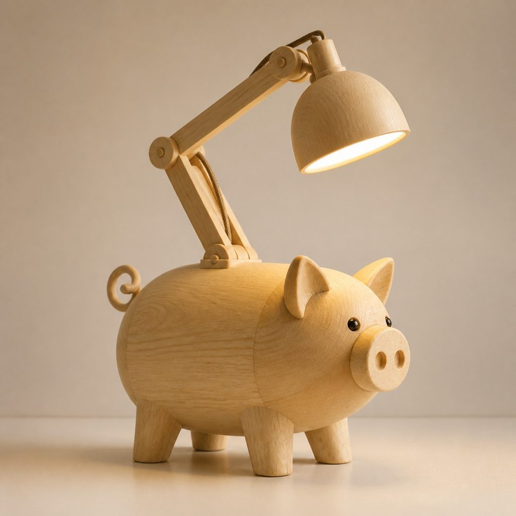 Pig-Tail Desk Task Lamp shown as an original square photorealistic pig lamp made from natural light-yellow wood with fine grain and warm diffused light