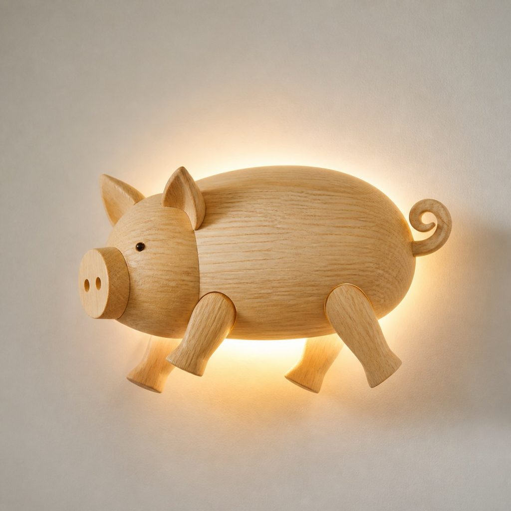 Walking Pig Wall Sconce shown as an original square photorealistic pig lamp made from natural light-yellow wood with fine grain and warm diffused light