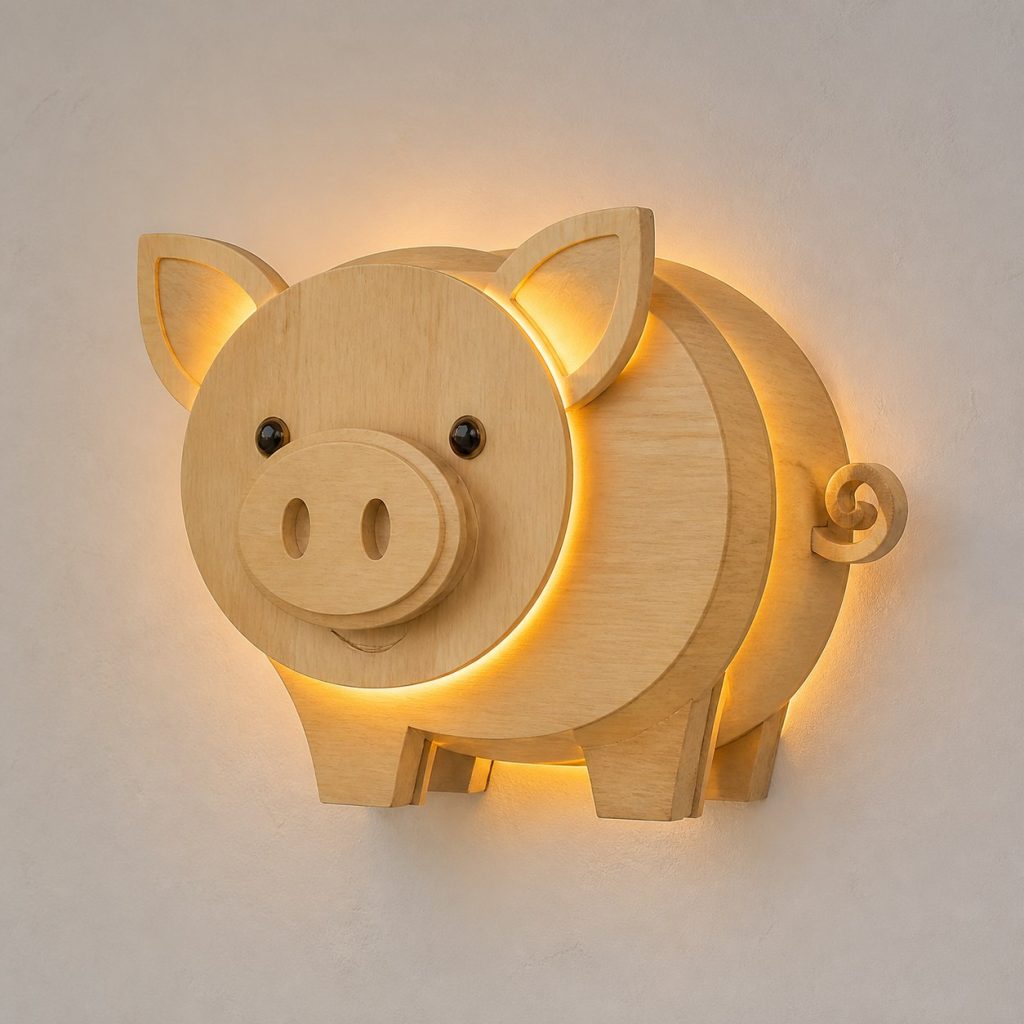 Layered Pig Face Wall Lamp shown as an original square photorealistic pig lamp made from natural light-yellow wood with fine grain and warm diffused light