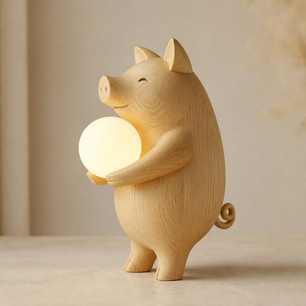 Pig Orb Lamp shown as an original square photorealistic pig lamp made from natural light-yellow wood with fine grain and warm diffused light
