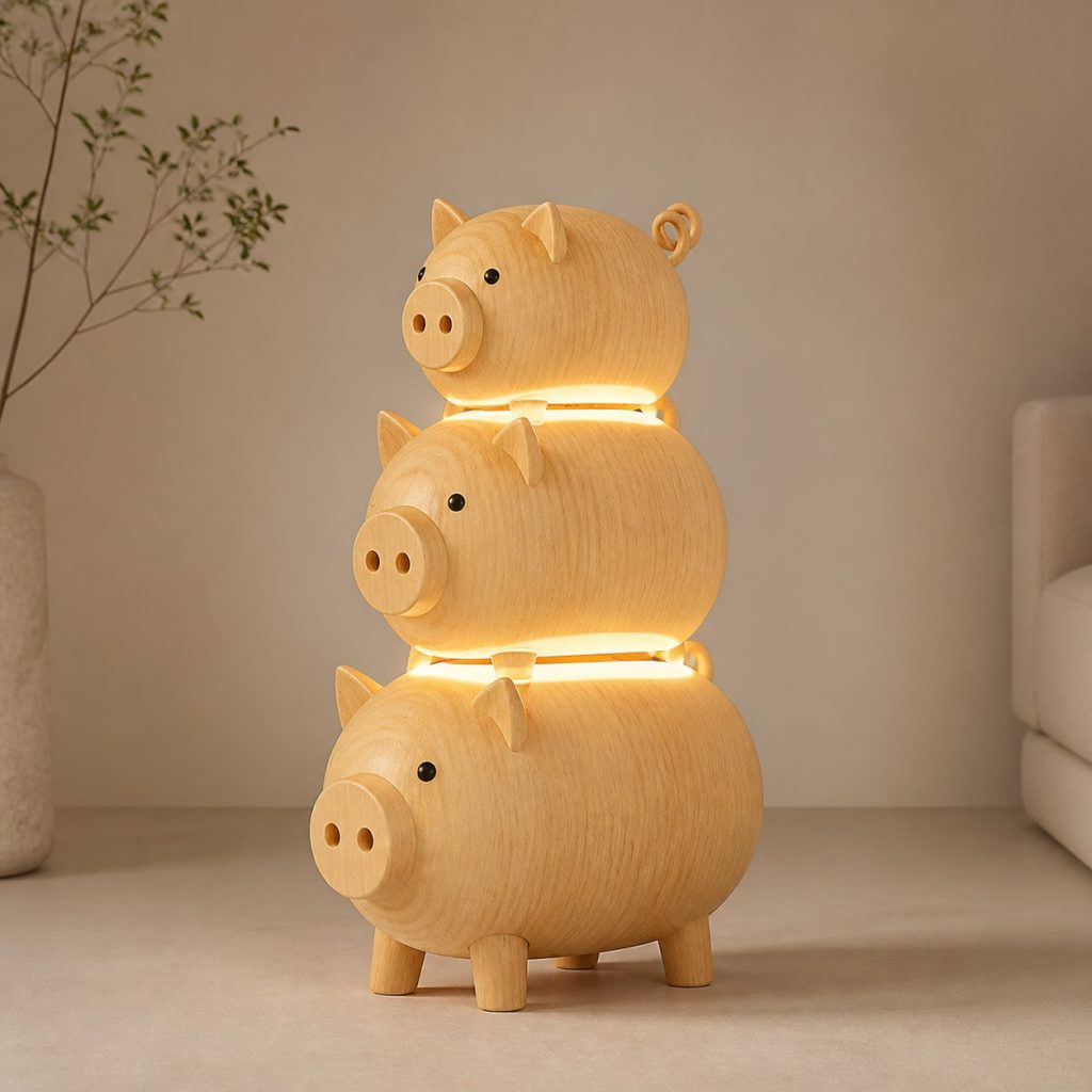 Stacked Pig Floor Lamp shown as an original square photorealistic pig lamp made from natural light-yellow wood with fine grain and warm diffused light