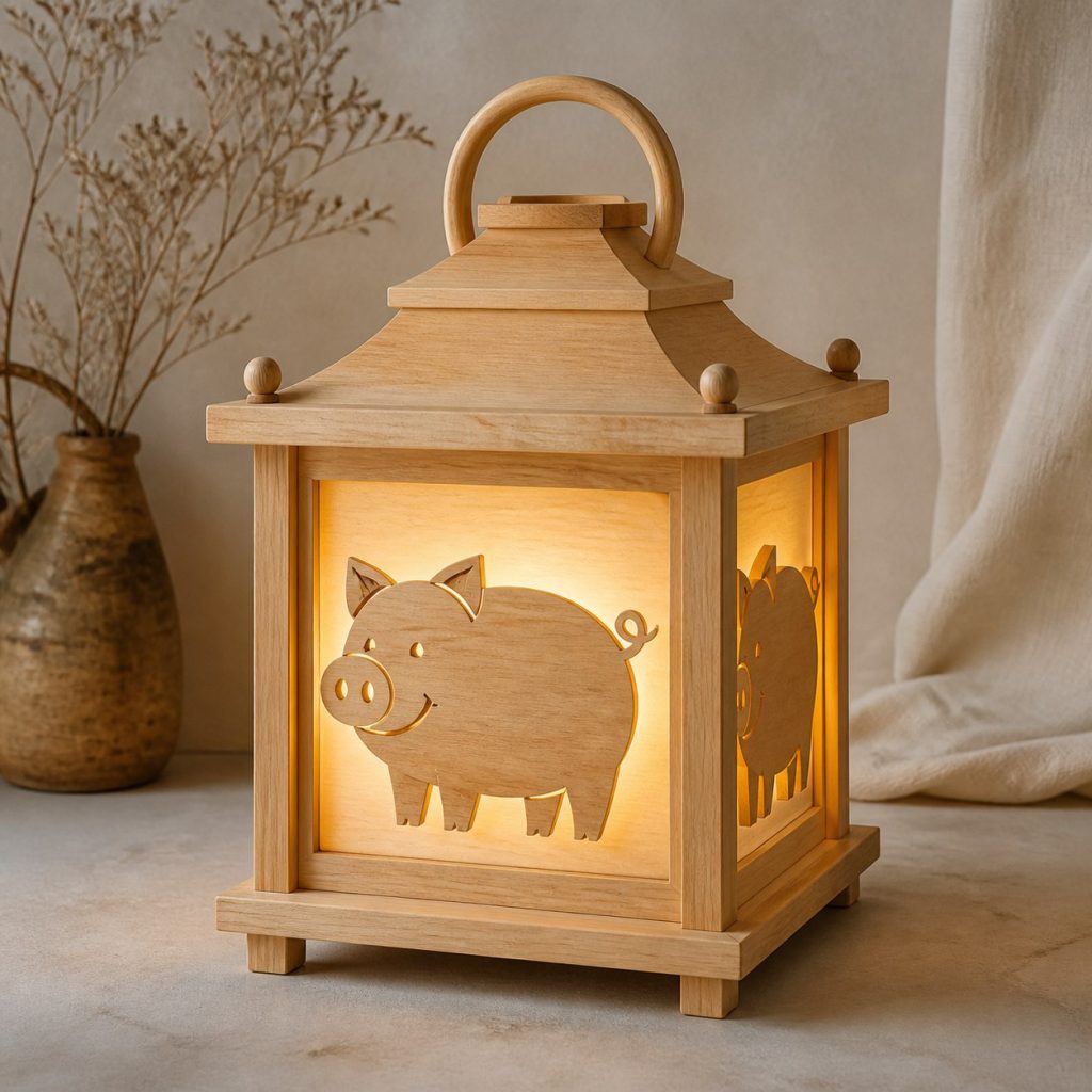 Farmhouse Pig Lantern shown as an original square photorealistic pig lamp made from natural light-yellow wood with fine grain and warm diffused light