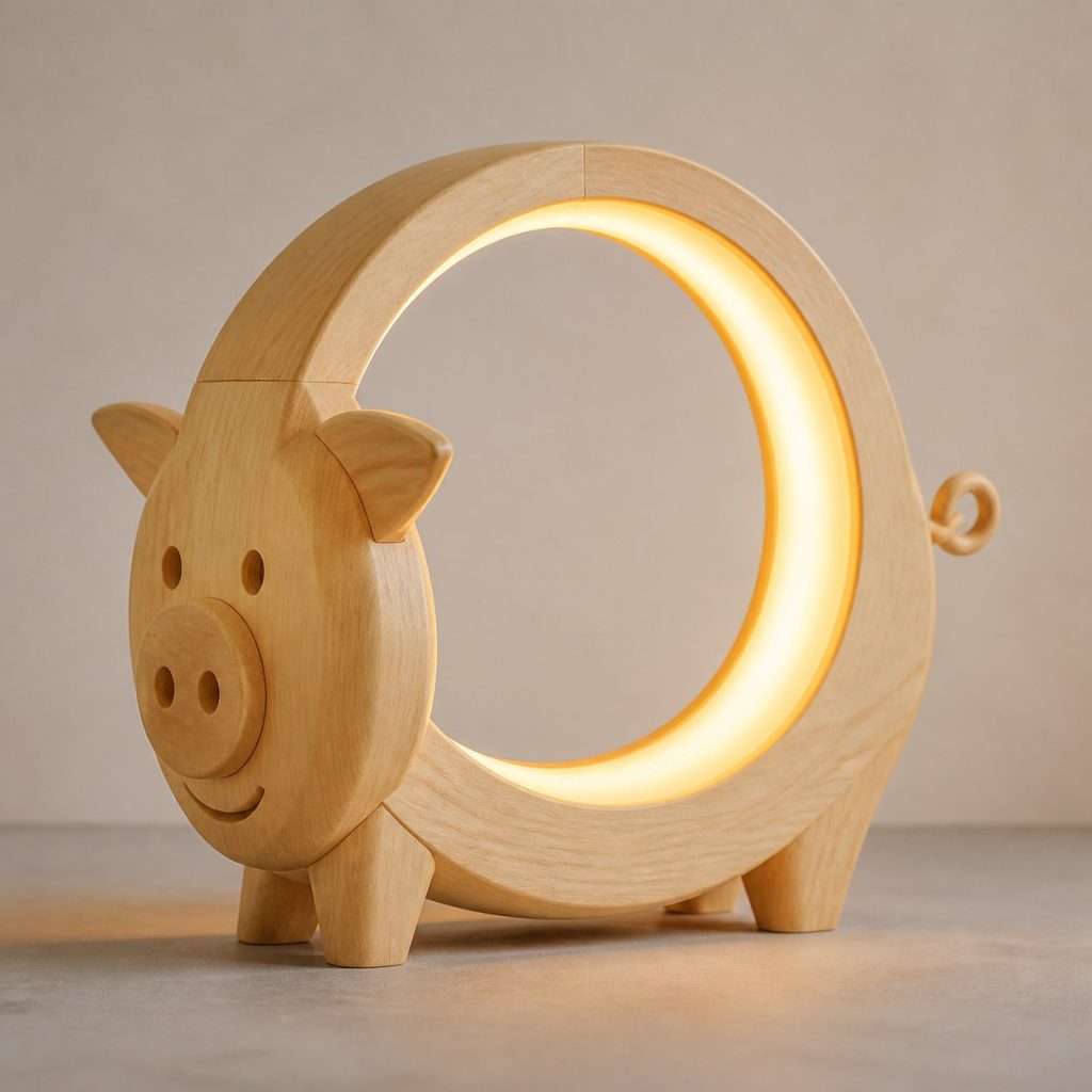 Pig Circle-Ring Lamp shown as an original square photorealistic pig lamp made from natural light-yellow wood with fine grain and warm diffused light
