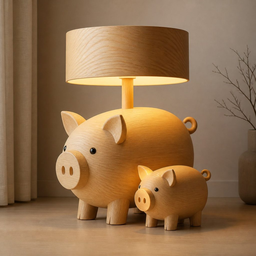 Paired Pig Floor Lamp shown as an original square photorealistic pig lamp made from natural light-yellow wood with fine grain and warm diffused light