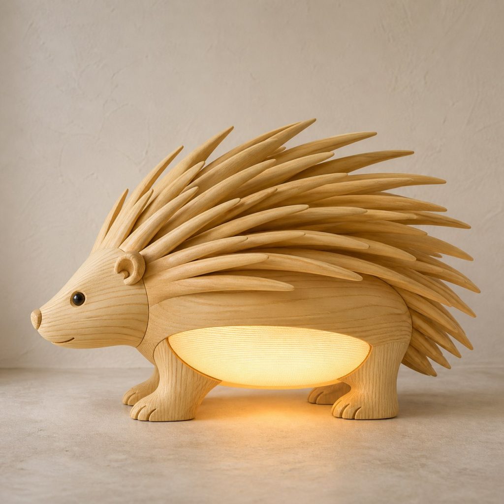 Porcupine Profile Lamp shown as an original square photorealistic porcupine lamp made from natural light-yellow wood with fine grain and warm diffused light