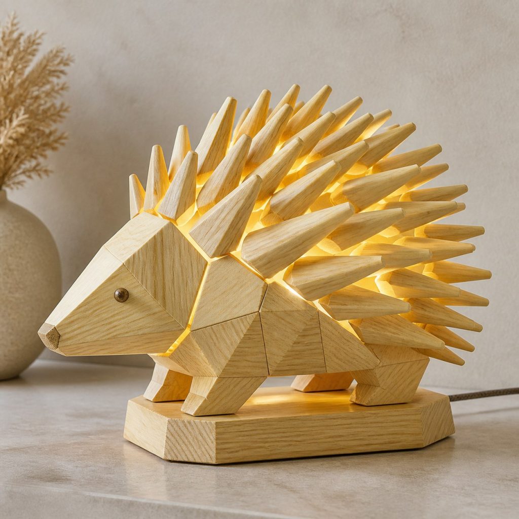 Faceted Porcupine Lamp shown as an original square photorealistic porcupine lamp made from natural light-yellow wood with fine grain and warm diffused light