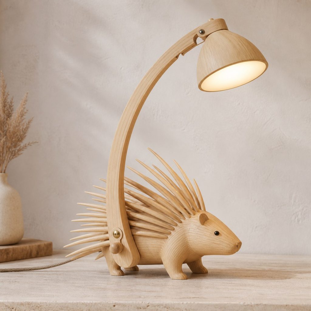 Porcupine-Quill Desk Task Lamp shown as an original square photorealistic porcupine lamp made from natural light-yellow wood with fine grain and warm diffused light
