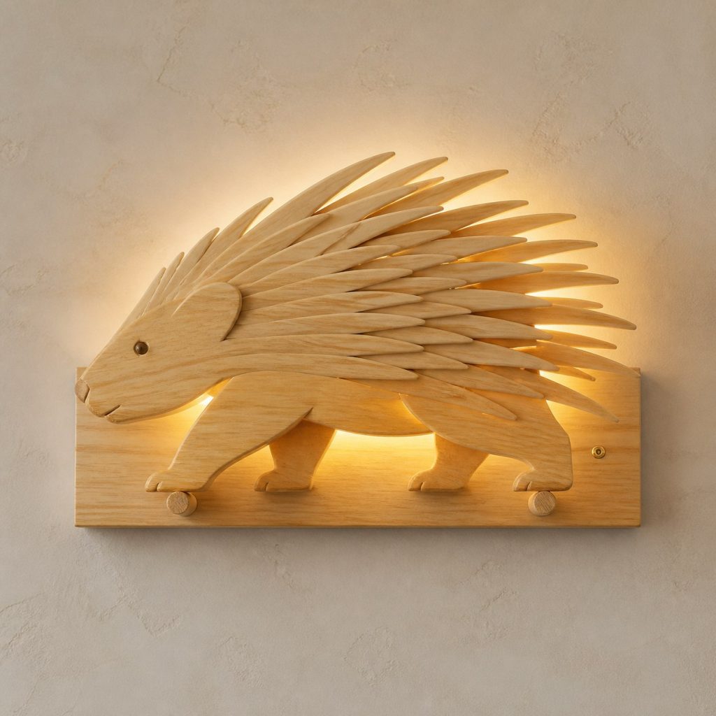 Walking Porcupine Wall Sconce shown as an original square photorealistic porcupine lamp made from natural light-yellow wood with fine grain and warm diffused light