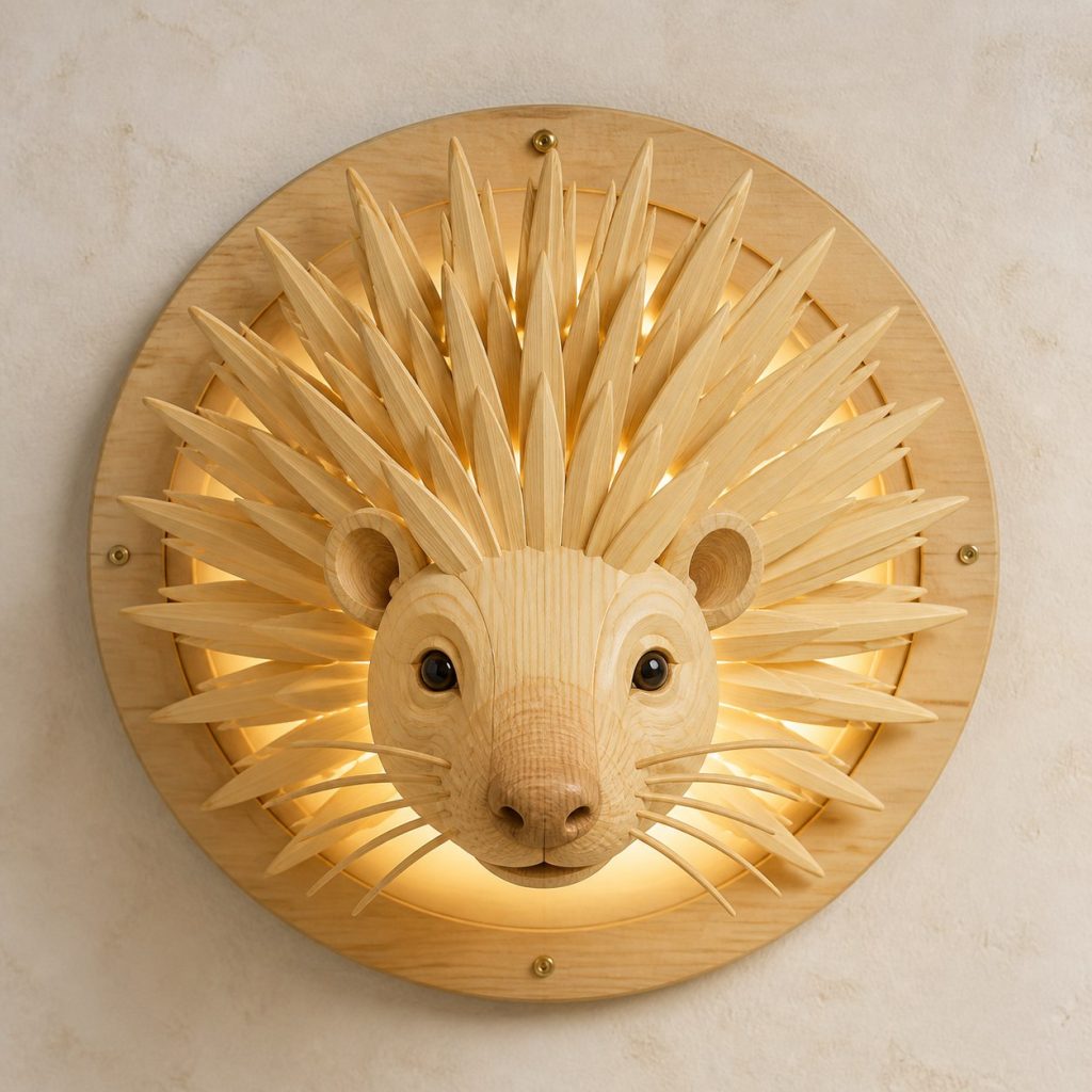 Layered Porcupine Face Wall Lamp shown as an original square photorealistic porcupine lamp made from natural light-yellow wood with fine grain and warm diffused light