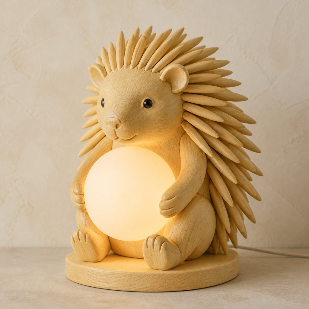Porcupine Orb Lamp shown as an original square photorealistic porcupine lamp made from natural light-yellow wood with fine grain and warm diffused light