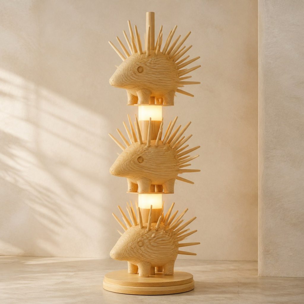 Stacked Porcupine Floor Lamp shown as an original square photorealistic porcupine lamp made from natural light-yellow wood with fine grain and warm diffused light