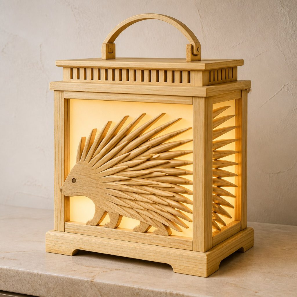 Woodland Porcupine Lantern shown as an original square photorealistic porcupine lamp made from natural light-yellow wood with fine grain and warm diffused light