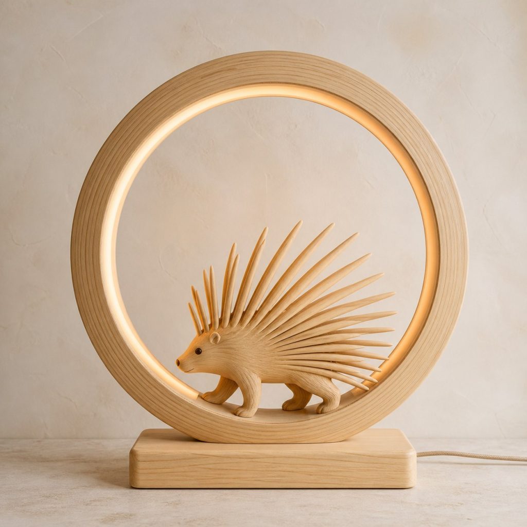 Porcupine Moon-Ring Lamp shown as an original square photorealistic porcupine lamp made from natural light-yellow wood with fine grain and warm diffused light
