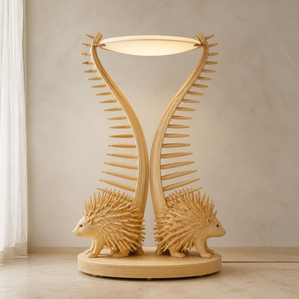 Paired-Quill Porcupine Floor Lamp shown as an original square photorealistic porcupine lamp made from natural light-yellow wood with fine grain and warm diffused light