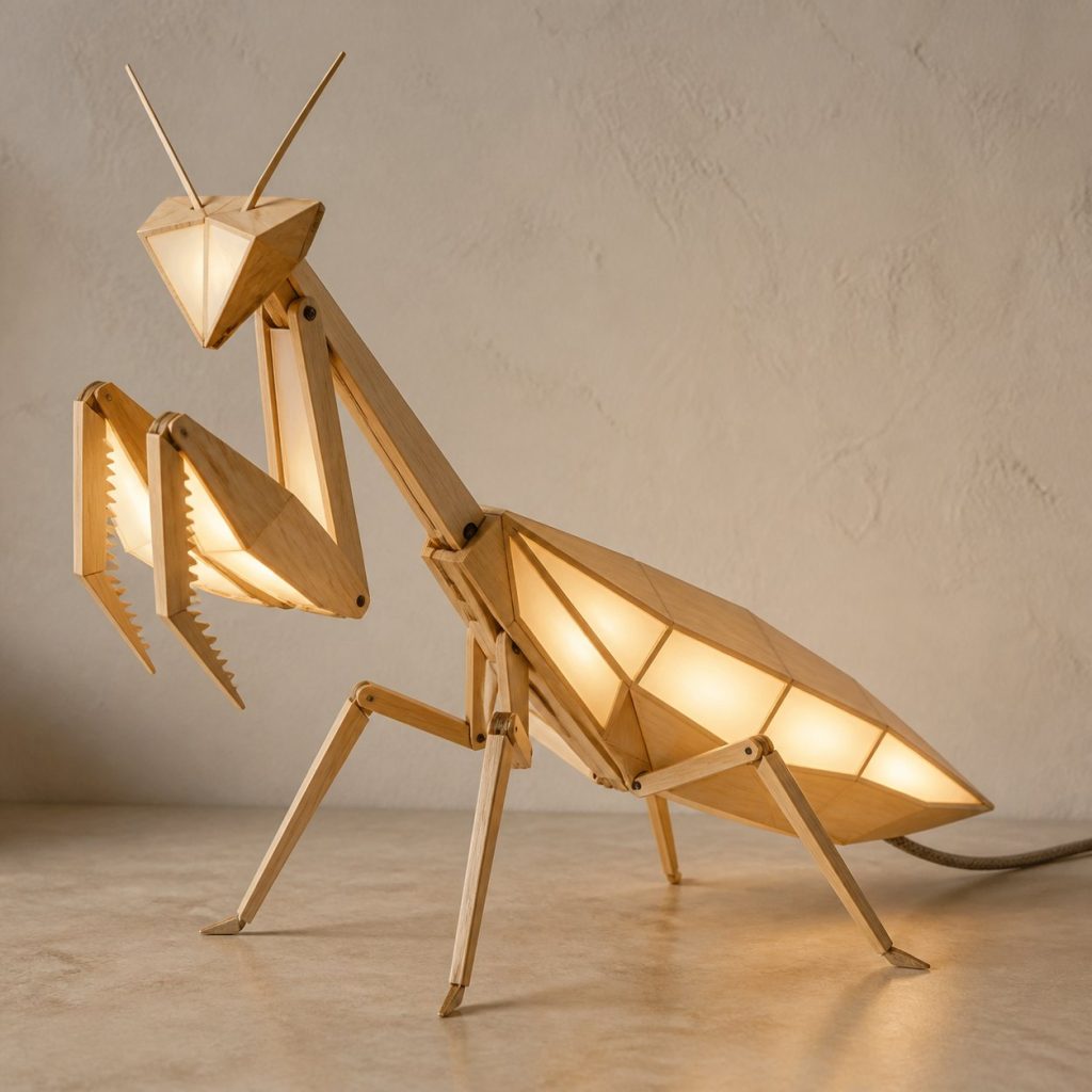 Faceted Praying Mantis Lamp shown as an original square photorealistic praying mantis lamp made from natural light-yellow wood with fine grain and warm diffused light