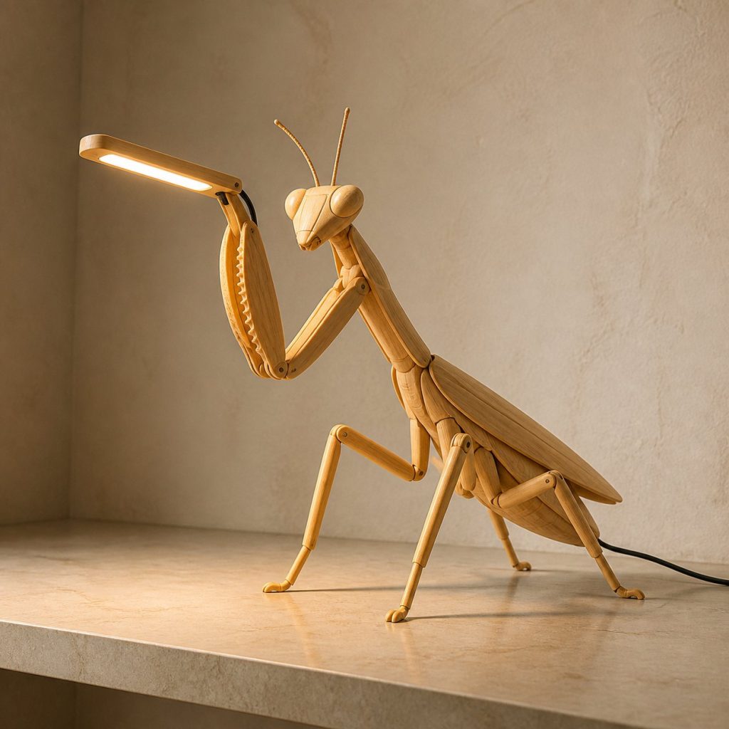 Mantis-Foreleg Desk Task Lamp shown as an original square photorealistic praying mantis lamp made from natural light-yellow wood with fine grain and warm diffused light