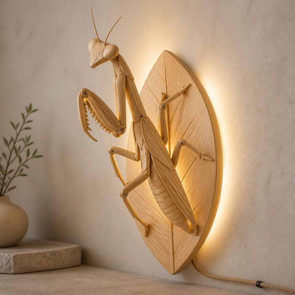 Climbing Praying Mantis Wall Sconce shown as an original square photorealistic praying mantis lamp made from natural light-yellow wood with fine grain and warm diffused light