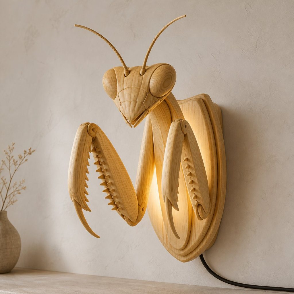 Layered Praying Mantis Head Wall Lamp shown as an original square photorealistic praying mantis lamp made from natural light-yellow wood with fine grain and warm diffused light