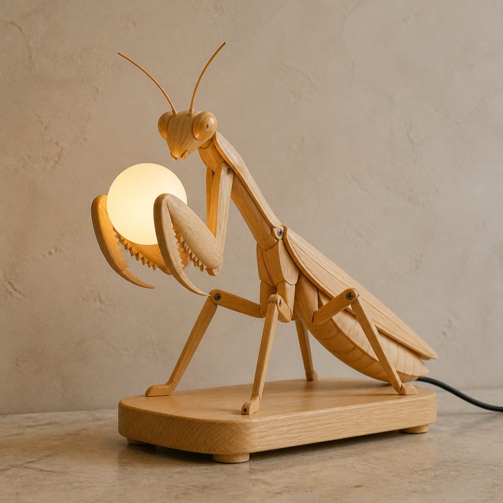 Praying Mantis Orb Lamp shown as an original square photorealistic praying mantis lamp made from natural light-yellow wood with fine grain and warm diffused light